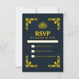 Regal Contrast Midnight Blue & Gold Wedding RSVP Karte