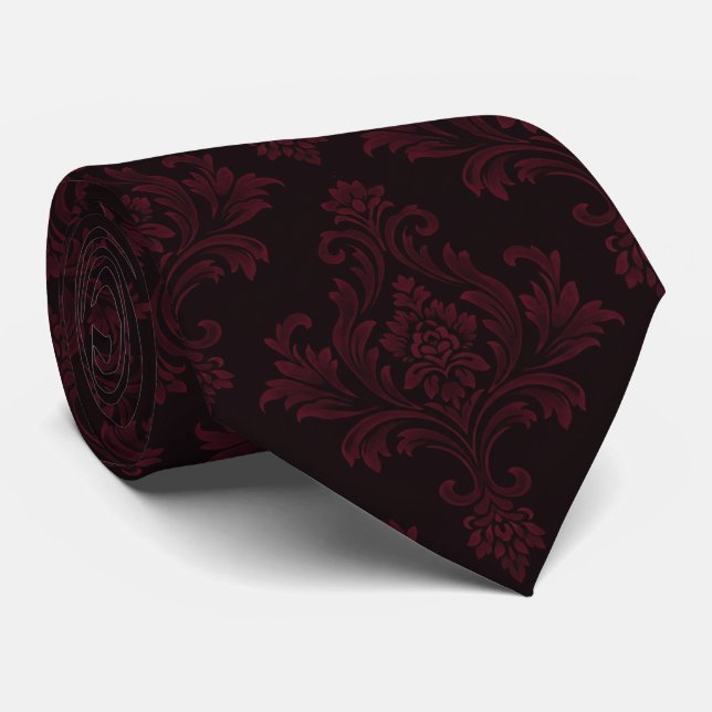 Regal Deep Burgundy Ornate Velvet-Effect Damask Krawatte (Gerollt)