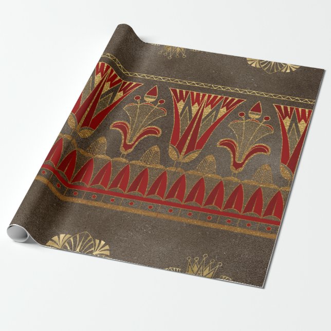 Regal Egyptian Floral and Geometric Gold Red Motif Geschenkpapier (Ungerollt)
