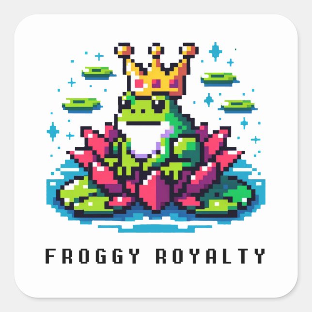 Regal Froggy - Pixel Frog mit Krone Quadratischer Aufkleber (Vorderseite)