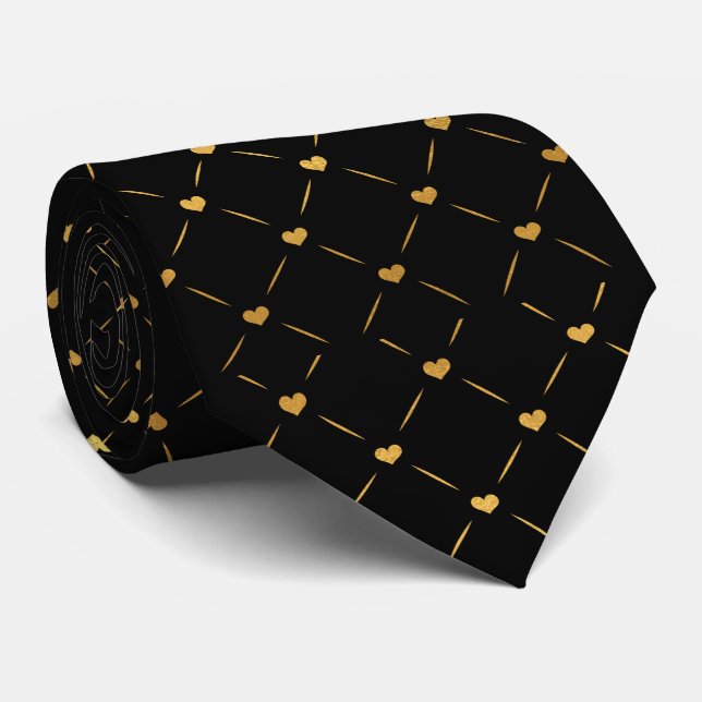 Regal Gold Heart Motif Black Neck Tie Krawatte (Gerollt)