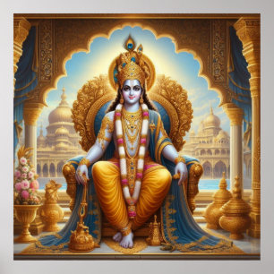 Regal Gold Verziert Krishna Dwarkkleesh Throne Art Poster