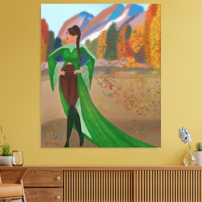 Regal im Herbst | Schöne schwarze Frau Leinwanddruck (Insitu (Wohnzimmer))