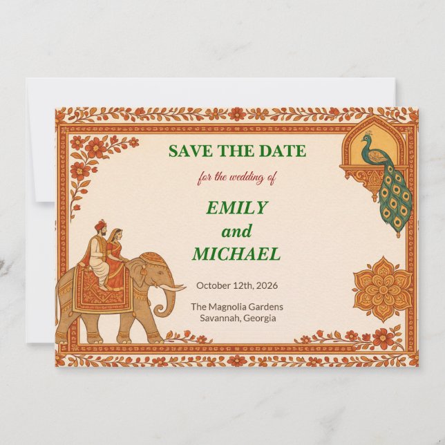 Regal Indian Elephant Gold & Saffron Save the Date (Vorderseite)