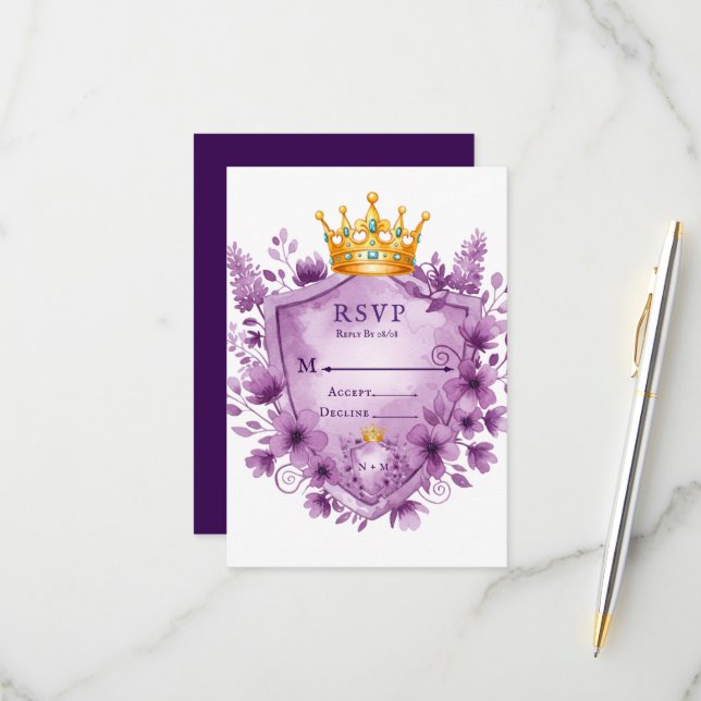 Regal Lila floral Wappen Wedding RSVP Card (Vorderseite/Rückseite Beispiel)