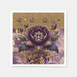 Regal Lila & Gold Jeweled Floral Napkin Serviette