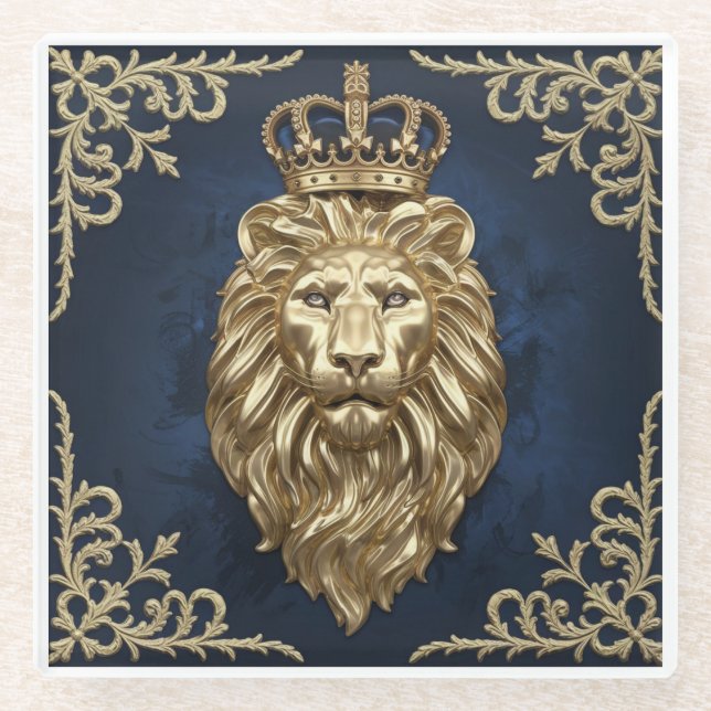 Regal Lion Design - Navy Blue & Gold Luxury Deco Glasuntersetzer (Vorderseite)