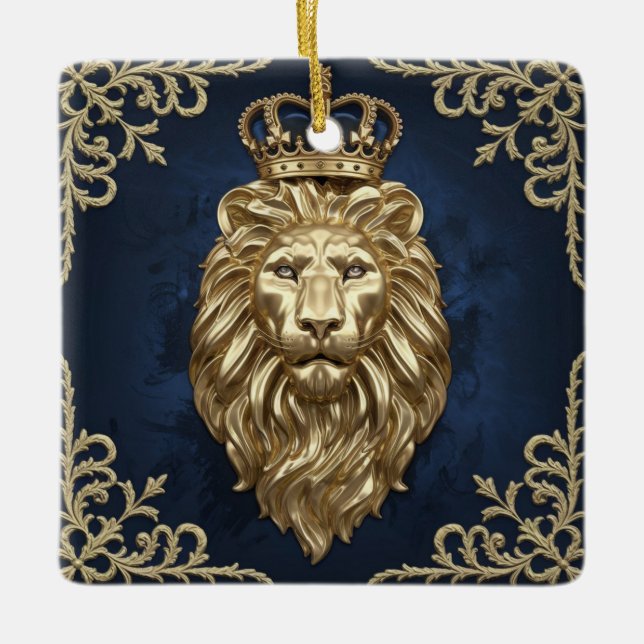 Regal Lion Design - Navy Blue & Gold Luxus Keramikornament (Vorderseite)