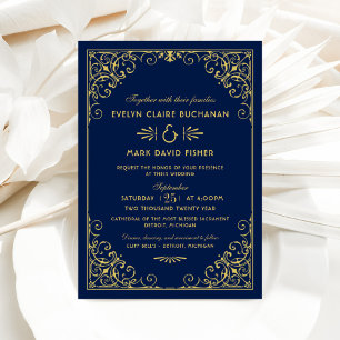 Regal Navy Gold-Filigree-Hochzeit Einladung