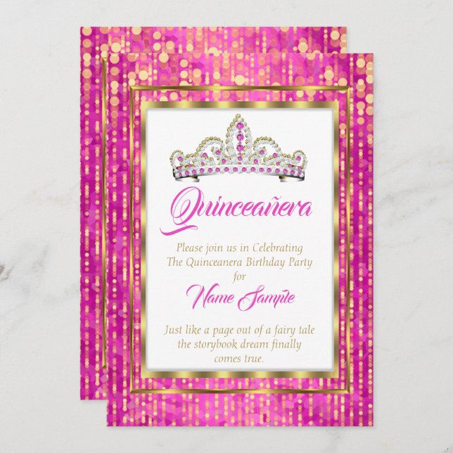 Regal Princess Pink Quinceanera Gold White Einladung (Vorne/Hinten)
