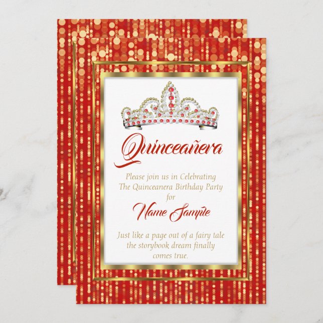 Regal Princess Red Quinceanera Gold White Einladung (Vorne/Hinten)