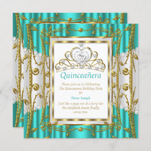 Regal Quinceanera 15. Aquamarin Jade Gold White Ti Einladung