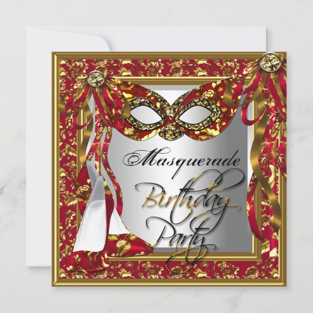 Regal Red Gold Damask Birthday Masquerade Party Einladung (Vorderseite)