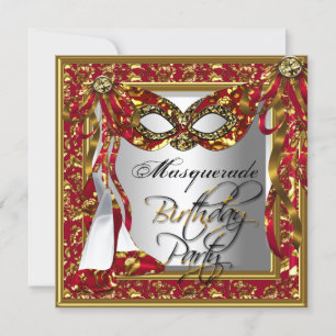 Regal Red Gold Damask Birthday Masquerade Party Einladung