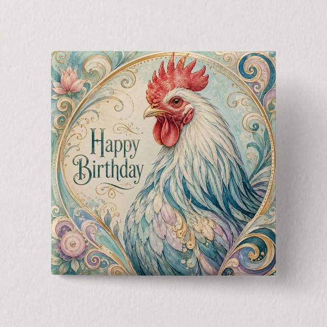 Regal Rooster Geburtstagsflor Button (Vorderseite)