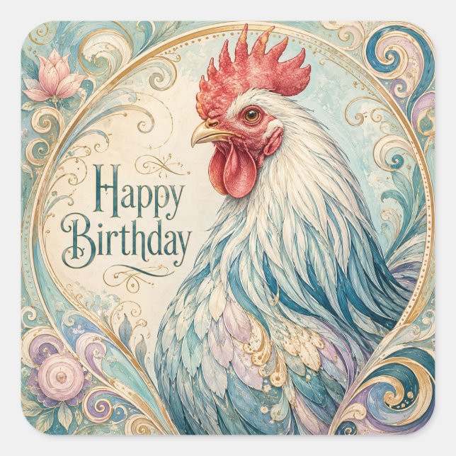 Regal Rooster Geburtstagsflor Quadratischer Aufkleber (Vorderseite)