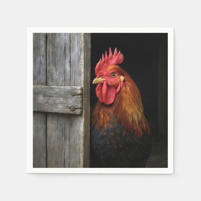 Regal Rooster pinkelt um Barntür herum Serviette (Vorderseite)