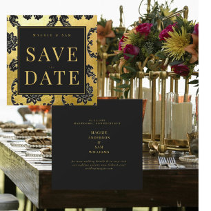 Regal Schwarz & Gold Damast Hochzeit Termin merken Save The Date