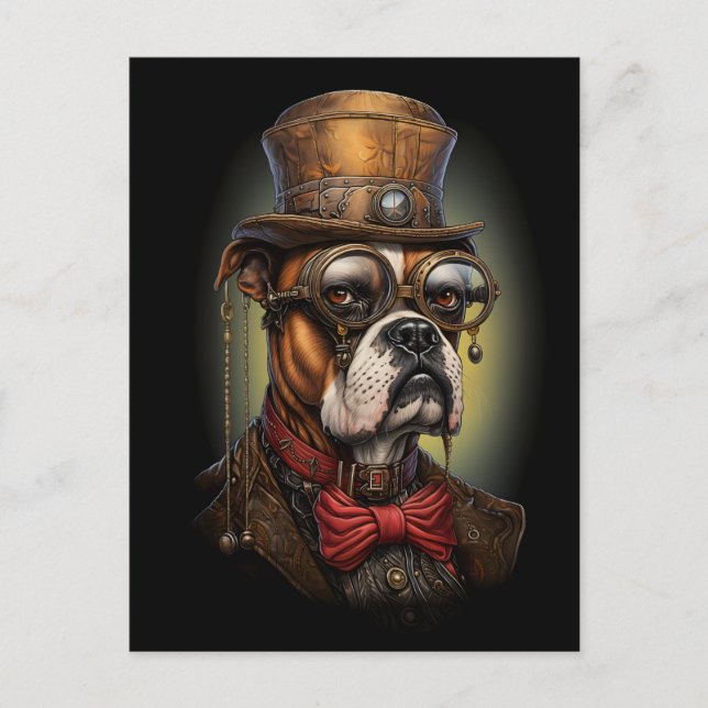 Regal Steampunk Boxer Hund in Hat Goggles Krawatte Postkarte (Vorderseite)