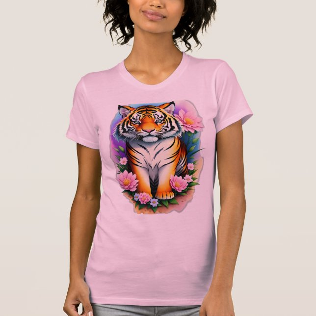 Regal Tiger Cub in Pink Floral Garden Graphic  T-Shirt (Vorderseite)