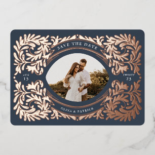 Regal verziert Save The Date Bilderrahmen Navy Folieneinladung