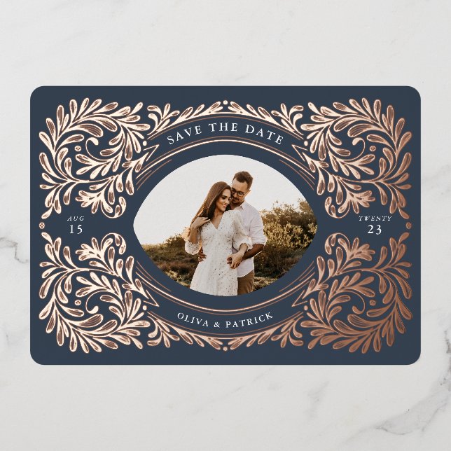 Regal verziert Save the Date Foto Frame Navy Folieneinladung (Vorderseite)