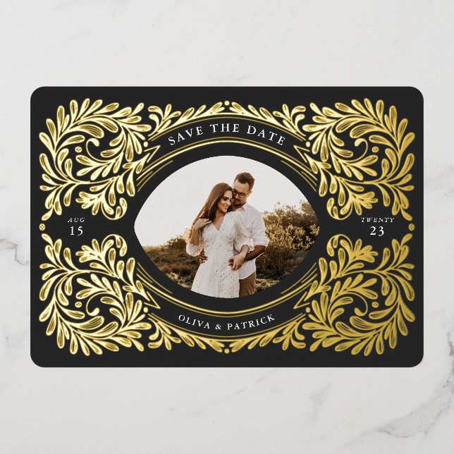 Regal verzierter Save the Date Foto Rahmen Folieneinladung (Vorderseite)