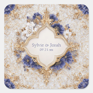 Regal Viktorianisch Blue and Gold Floral Elegante Quadratischer Aufkleber