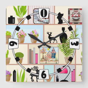 Regale mit Blume, Büchern und Dekorationen Quadratische Wanduhr