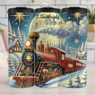 Regalroter Weihnachtszug Mondlichtreise Thermosbecher