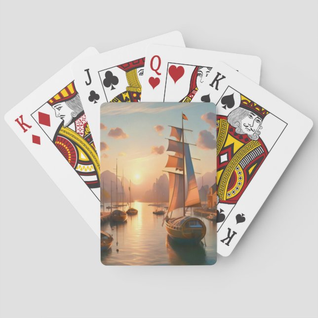 Regelmäßige Spielkarten mit farbigem Sonnenunterga (Rückseite)