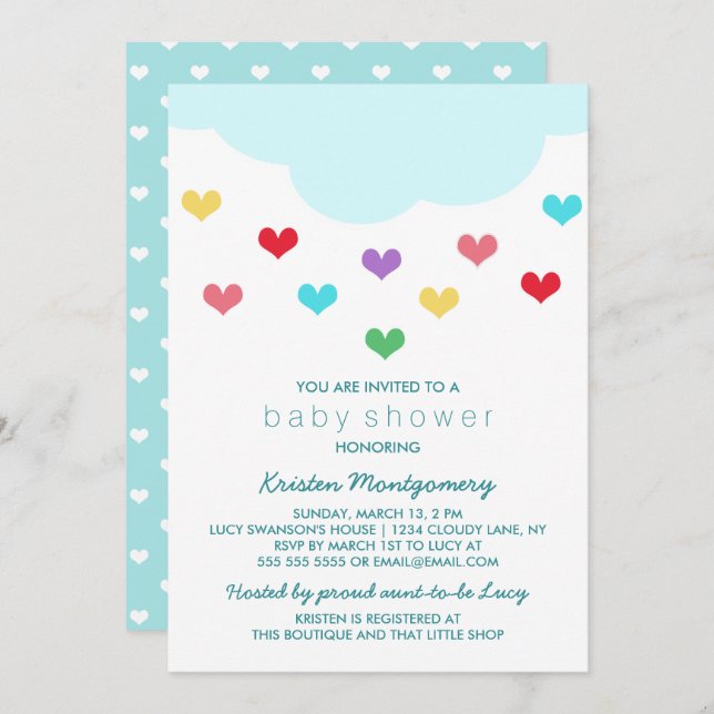 Regen Cloud & Hearts | Einladung der Babydusche (Vorne/Hinten)