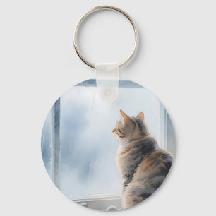 Regen-Wasserfarben-Tabbykatze am Fenster Schlüsselanhänger