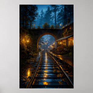 Regenbeleuchtetes Eisenbahnplakat Durch die Stille Poster