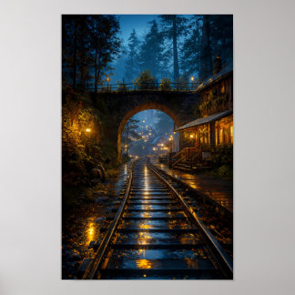 Regenbeleuchtetes Eisenbahnplakat Durch die Stille Poster