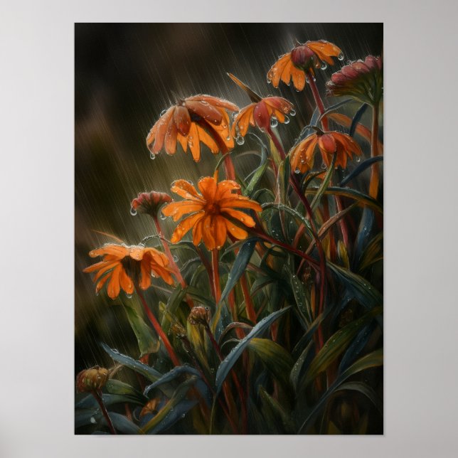 Regenbenetzte Ringelblumen Poster (Vorne)