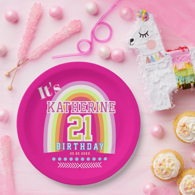 Regenbogen 21. Geburtstag Hot Pink Pappteller (Party)