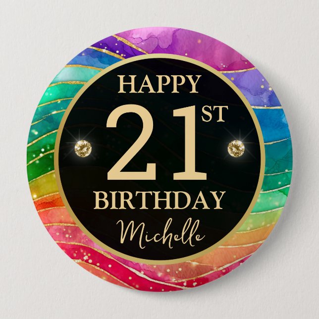 Regenbogen-Achat-Gold-Glitter-Geburtstagsabzeichen Button (Vorderseite)