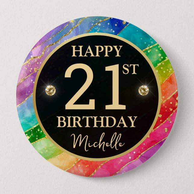 Regenbogen-Achat-Gold-Glitter-Geburtstagsabzeichen Button (Vorderseite)