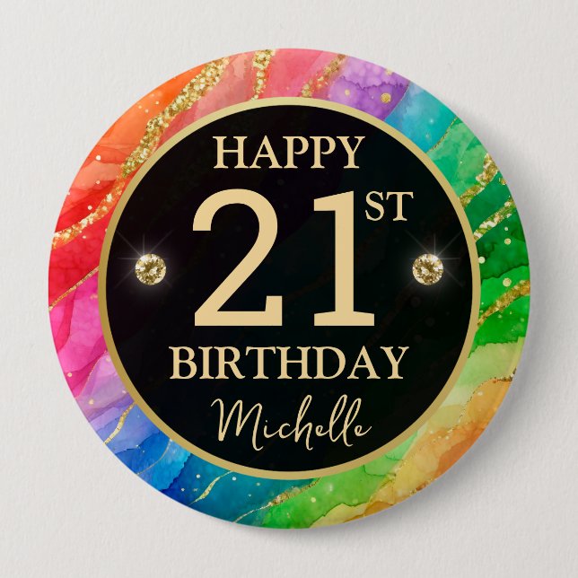 Regenbogen-Achat-Gold-Glitter-Geburtstagsabzeichen Button (Vorderseite)