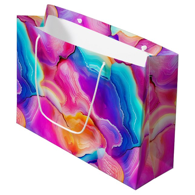 Regenbogen-Achat | Lebendiges abstraktes Steinmust Große Geschenktüte (Vorderseite Schrägansicht)