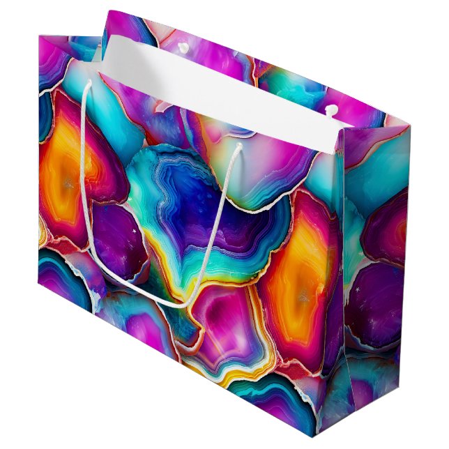 Regenbogen-Achat | Lebendiges abstraktes Steinmust Große Geschenktüte (Vorderseite Schrägansicht)