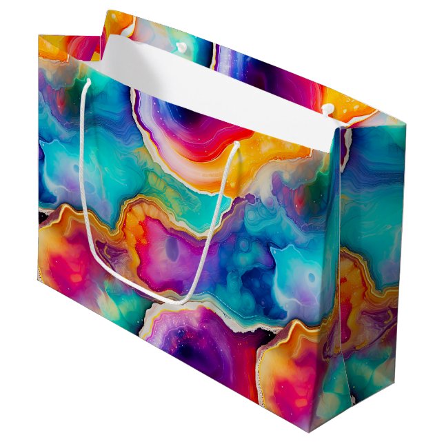 Regenbogen-Achat | Lebendiges abstraktes Steinmust Große Geschenktüte (Vorderseite Schrägansicht)