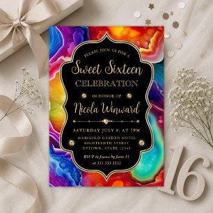 Regenbogen Achat Wirbel Elegant Schwarz Sweet 16 Einladung