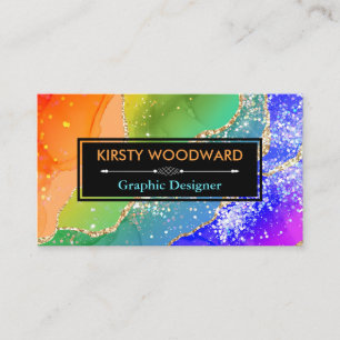 Regenbogen-Alkohol-Tinte & Gold-Faux-Glitter-Achat Visitenkarte