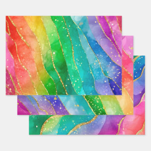 Regenbogen-Alkohol-Tinte-Gold-Glitter-Abstrakt-Des Geschenkpapier Set