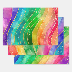 Regenbogen-Alkohol-Tinte-Gold-Glitter-Abstrakt-Des Geschenkpapier Set