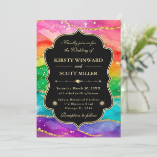 Regenbogen-Alkohol-Tinte-Gold-Glitter-Hochzeit Einladung