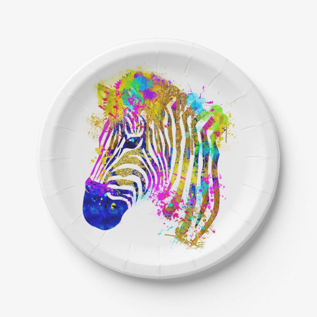 Regenbogen-Aquarell-Farbspritzer-Zebra-Grafik Pappteller (Vorderseite)
