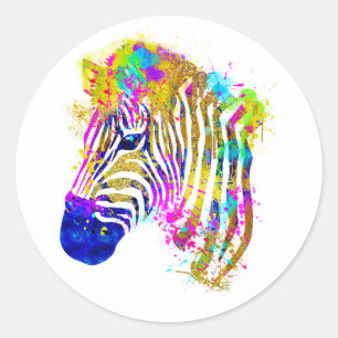 Regenbogen-Aquarell-Farbspritzer-Zebra-Grafik Runder Aufkleber